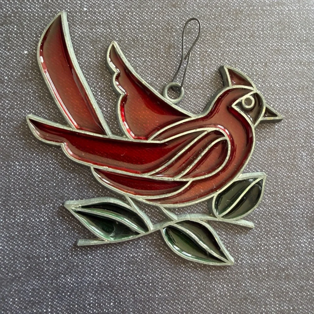 Vintage Red Cardinal Stained Glass Suncatcher Bird Window Hanging Ornament 4